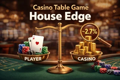 Illustration showing the casino house edge in table games using a balance scale comparing player chips and cards against casino winnings