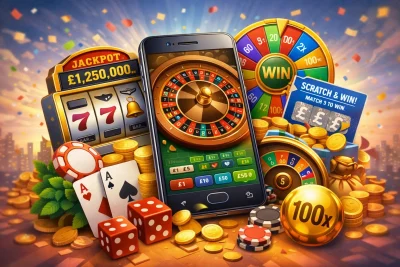 Mobile casino games displayed on a smartphone, including slots, roulette, jackpots, and instant win games