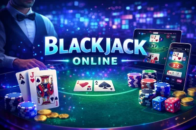 Online blackjack table showing cards, chips, and mobile devices with live blackjack gameplay.
